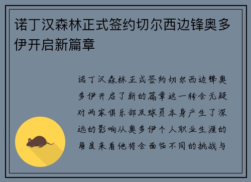 诺丁汉森林正式签约切尔西边锋奥多伊开启新篇章